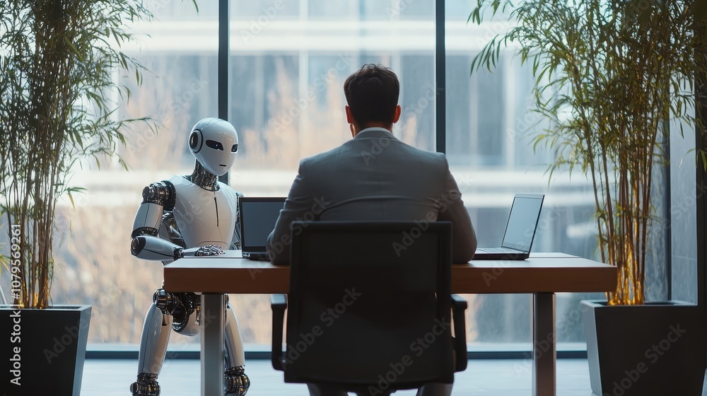 Human and Robot Working Together at a Desk in an Office, Artificial Intelligence Concept. Human and Robot Working Together at a Desk in an Office, Artificial Intelligence Concept.
