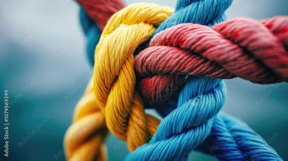 Various ropes intertwined into a knot symbolizing teamwork Blurred background with space for text Various ropes intertwined into a knot symbolizing teamwork Blurred background with space for text