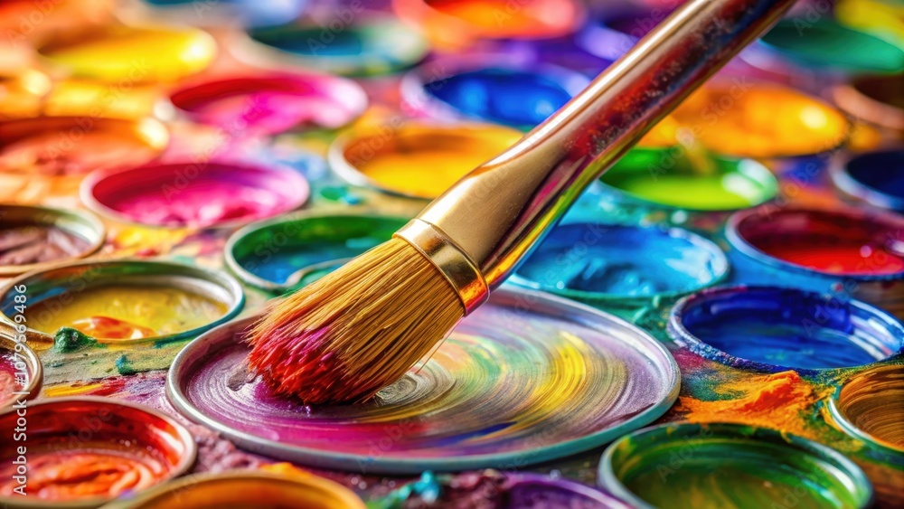 Obraz premium A close-up of a brush dipping into vibrant paint on a palette , art, creativity, vibrant, colors, brush strokes, painting
