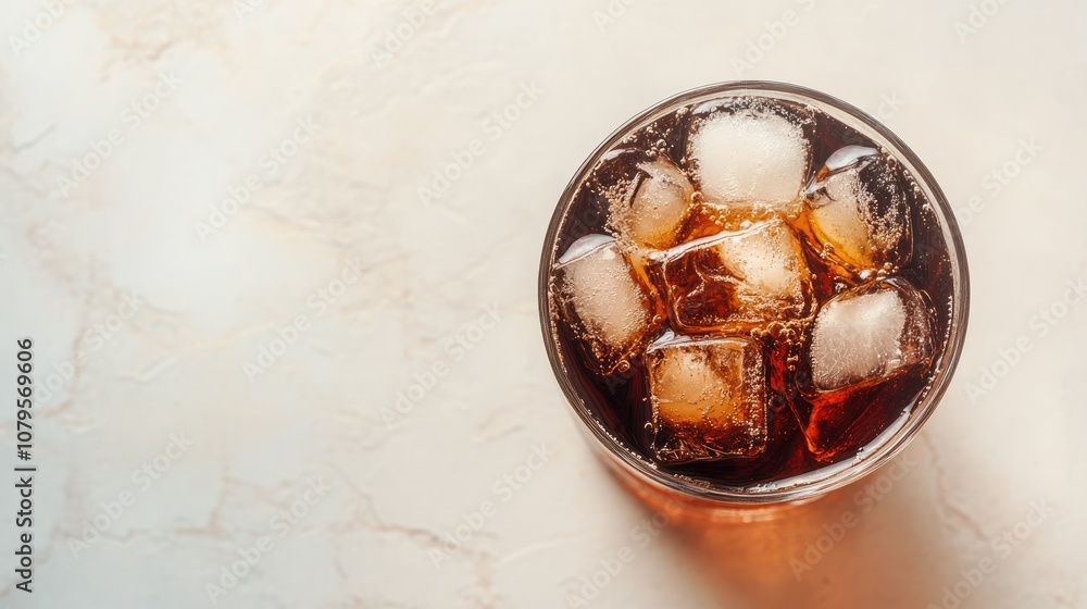 Aerial perspective of a glass filled with cola and ice cubes on a white stone surface featuring ample space for text on the right Aerial perspective of a glass filled with cola and ice cubes on a white stone surface featuring ample space for text on the right