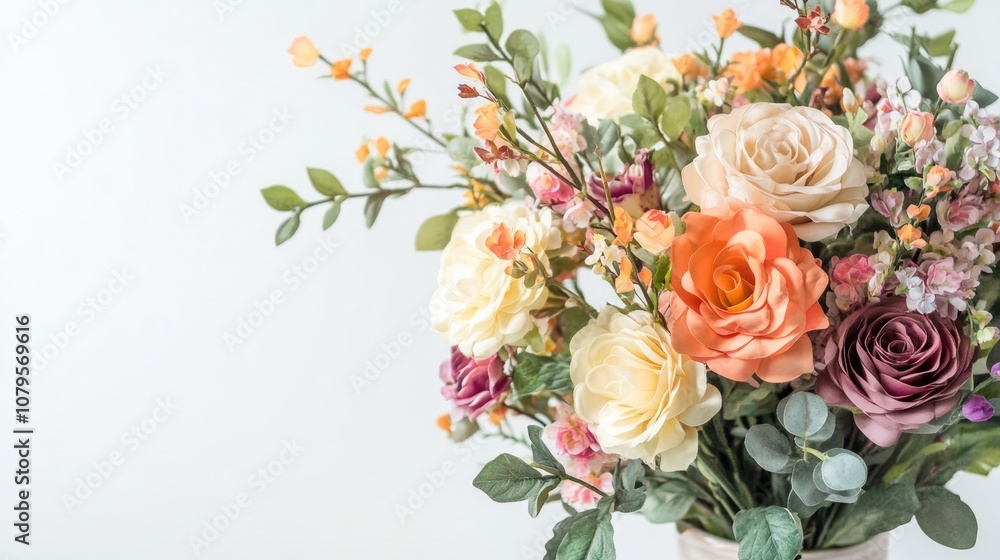Artificial flower arrangements in a vase on a white background faux florals