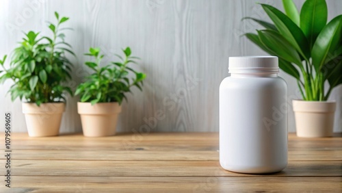 Wallpaper Mural Mockup of blank supplement bottle on wooden table with plants, minimal clean style, supplement, bottle, mockup, blank, wooden Torontodigital.ca