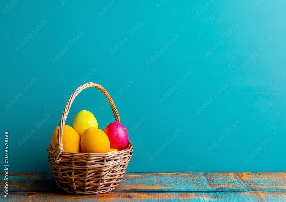 Easter Eggs in a Basket on a Blue Background Easter Eggs in a Basket on a Blue Background
