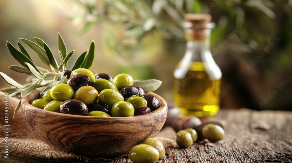 Bowl of fresh green and black olives on rustic table with a bottle of olive oil in the background Bowl of fresh green and black olives on rustic table with a bottle of olive oil in the background