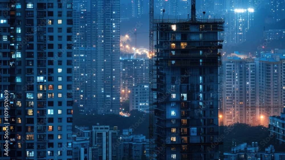 Buildings under construction in the city at night, AI generated images Buildings under construction in the city at night, AI generated images