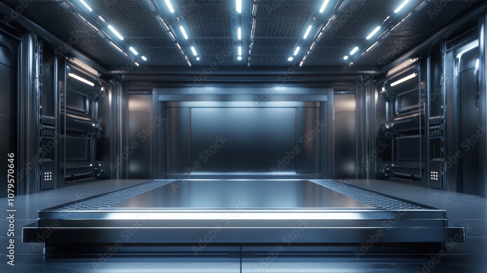Obraz premium Futuristic Metal Room with Platform and Neon Lights - Modern Sci-Fi Interior Design.