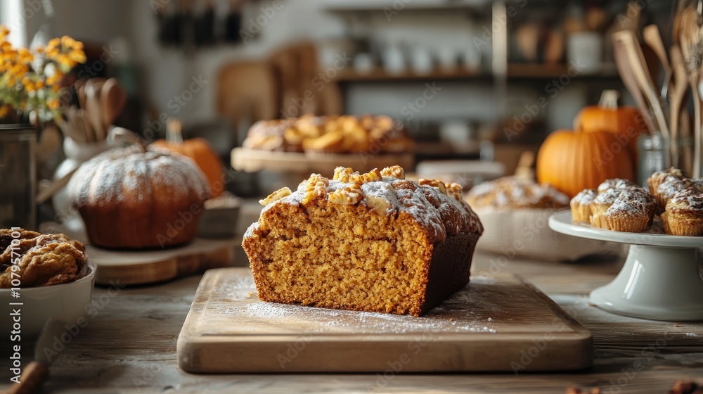 Cozy Slice of Pumpkin Bread in a Rustic Kitchen Surrounded by Freshly Baked Treats Cozy Slice of Pumpkin Bread in a Rustic Kitchen Surrounded by Freshly Baked Treats