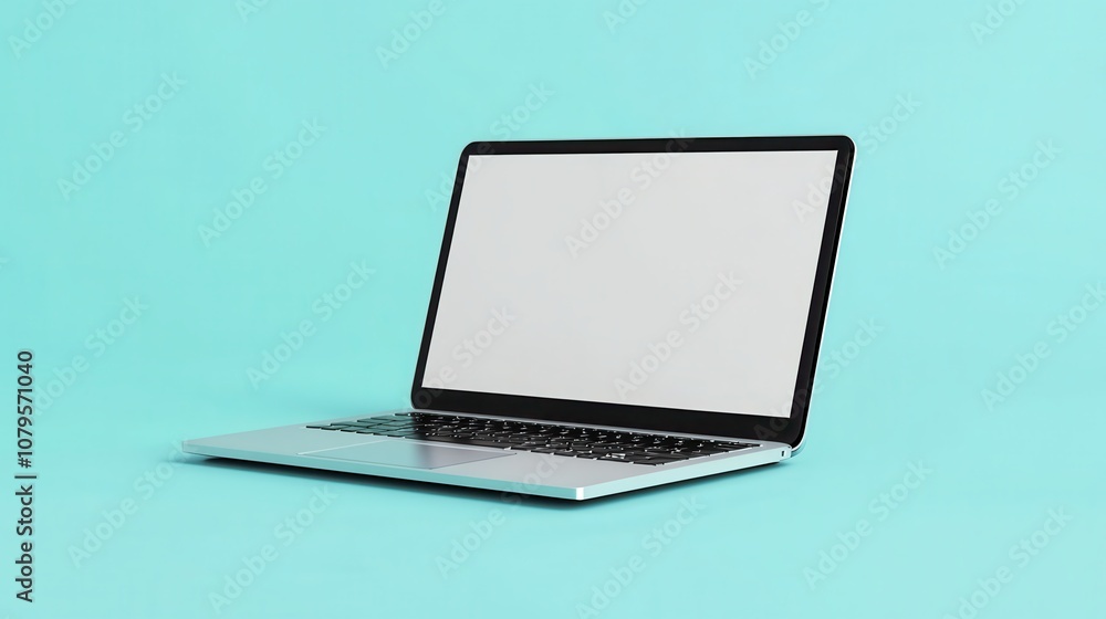 Silver Laptop with Blank Screen on Turquoise Background. Silver Laptop with Blank Screen on Turquoise Background.