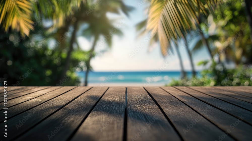 Dark wooden floor in the foreground against a blurred tropical beach backdrop ideal for showcasing or presenting your products High quality image Dark wooden floor in the foreground against a blurred tropical beach backdrop ideal for showcasing or presenting your products High quality image