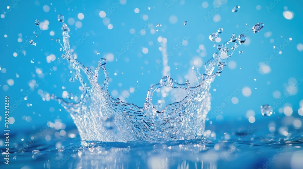 A dynamic image of water splashes with droplets suspended in mid air set against a vivid blue backdrop A dynamic image of water splashes with droplets suspended in mid air set against a vivid blue backdrop