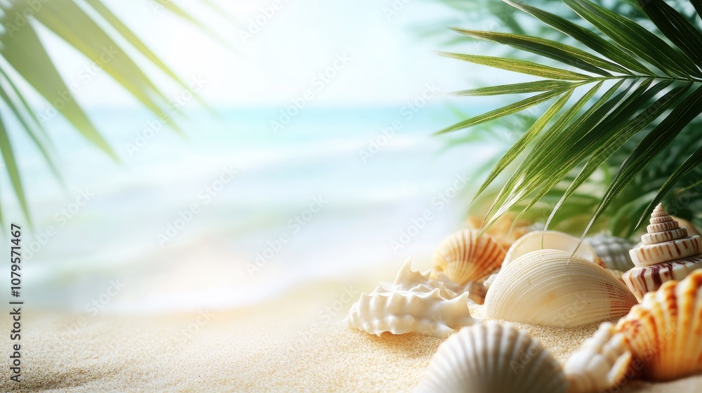 Blurred coastal background featuring palm fronds sandy shores and seashells Ideal for promoting summer vacations and sun care items Blurred coastal background featuring palm fronds sandy shores and seashells Ideal for promoting summer vacations and sun care items