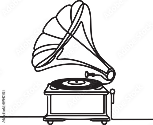 continuous one line art hand drawn of gramophone vector art illustration