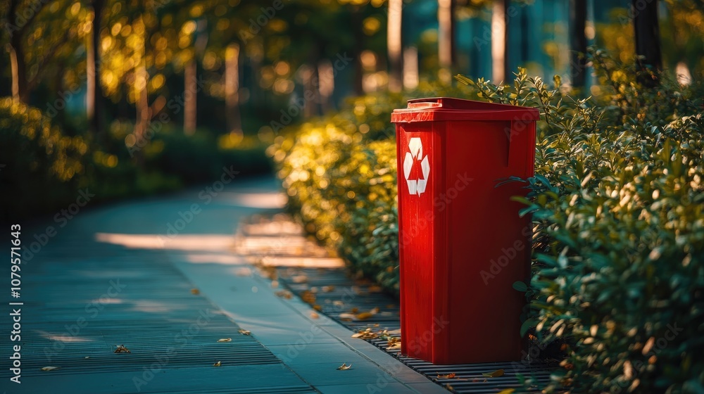 Recycling zone featuring a red trash bin promoting eco friendly practices and awareness of environmental sustainability Recycling zone featuring a red trash bin promoting eco friendly practices and awareness of environmental sustainability