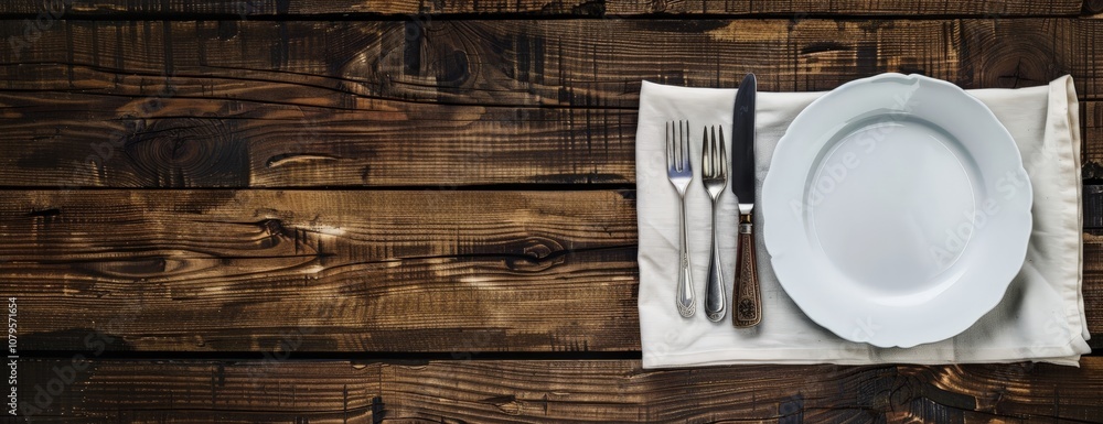 Rustic Table Setting with White Plate and Cutlery Rustic Table Setting with White Plate and Cutlery