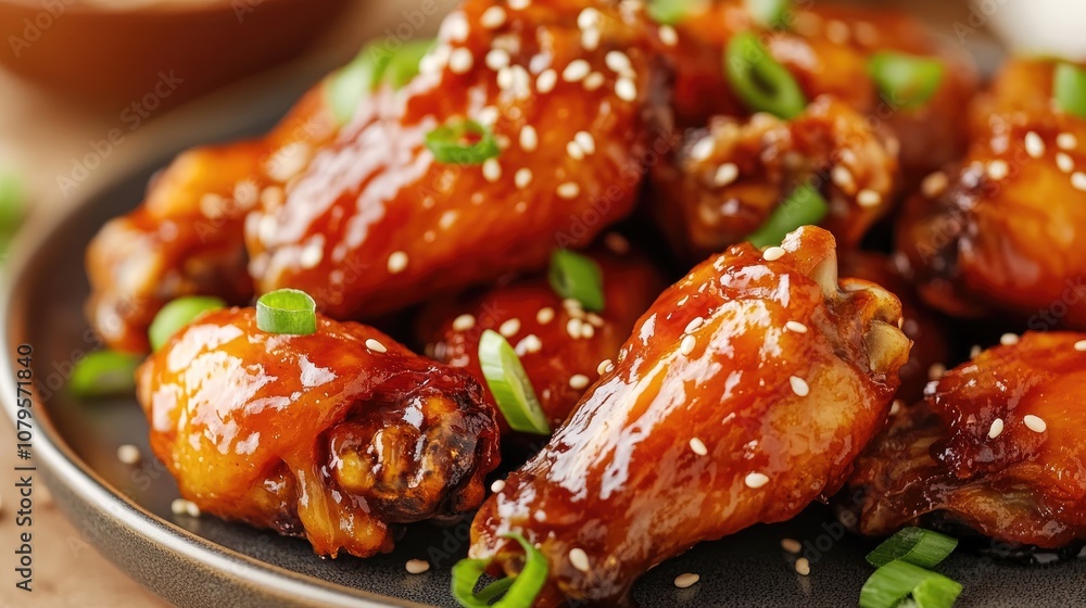 Crispy chicken wings glazed with a sweet and sour sauce garnished with chopped green onions and sesame seeds on a serving plate Crispy chicken wings glazed with a sweet and sour sauce garnished with chopped green onions and sesame seeds on a serving plate
