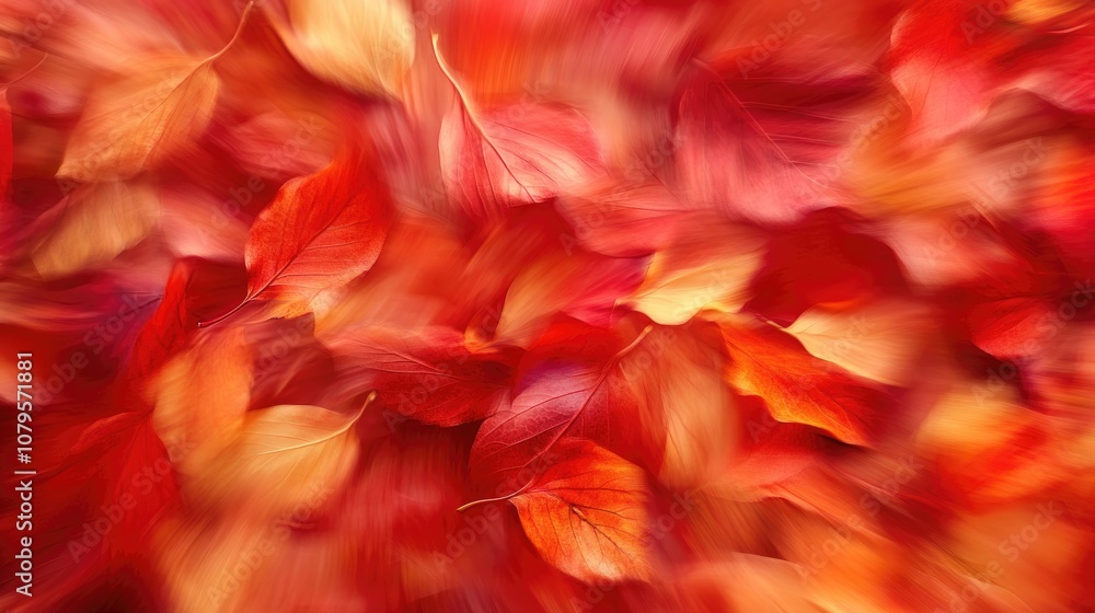 Abstract depiction of autumn leaves in motion blur featuring vibrant red and orange tones forming a dynamic and textured backdrop Abstract depiction of autumn leaves in motion blur featuring vibrant red and orange tones forming a dynamic and textured backdrop