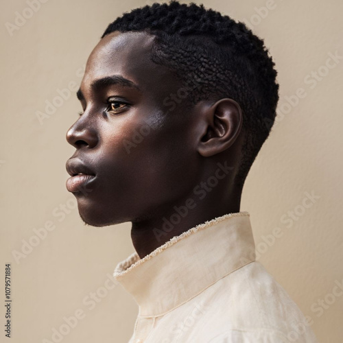 Side Profile Portrait of a Young African Man with Natural Hairstyle on Minimalist Beige Background – Elegant Fashion, Refined Features, and Calm Expression in Soft, Studio Lighting