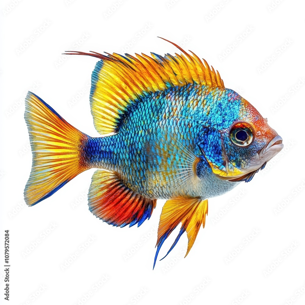 Fototapeta premium Vibrant Blue and Yellow Freshwater Aquarium Fish with Orange and Red Fins Isolated on White Background.