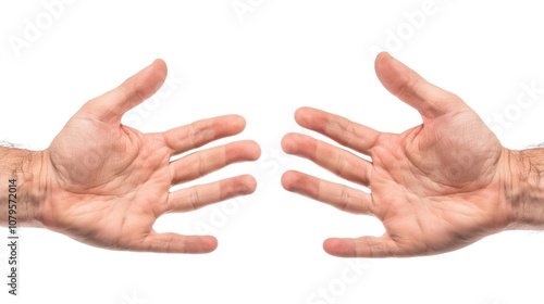 Two male hands trying to touch on white transparent background