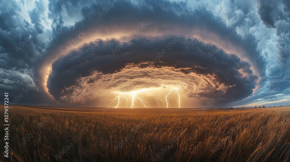 Dramatic Lightning Storm Over Field with Golden Grass Dramatic Lightning Storm Over Field with Golden Grass