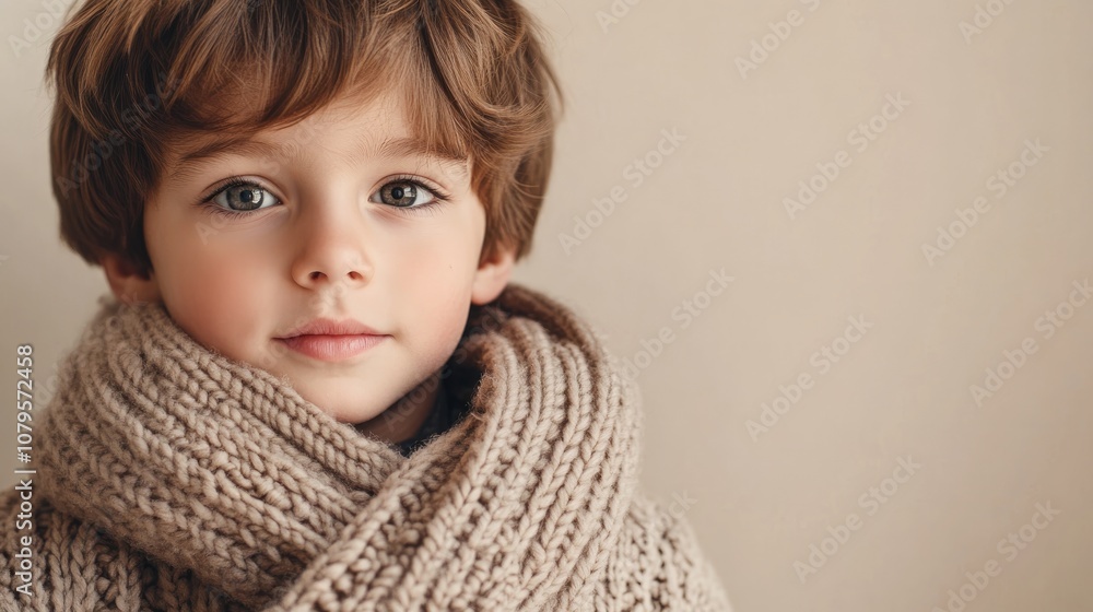 Adorable young boy wearing a cozy sweater and scarf against a neutral backdrop Adorable young boy wearing a cozy sweater and scarf against a neutral backdrop