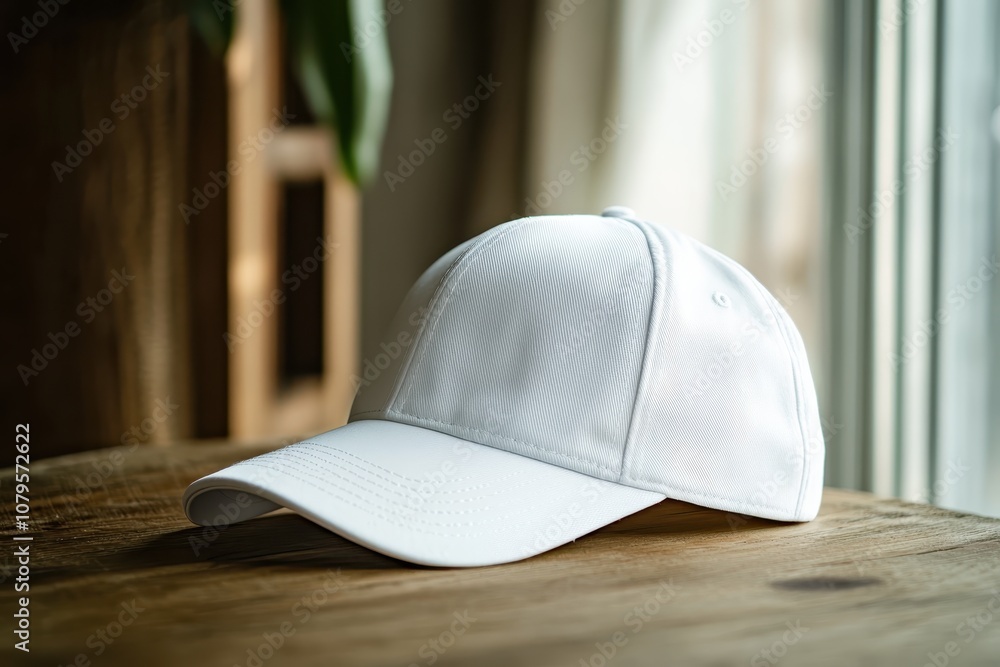 Blank White Baseball Cap Mockup on Wooden Table, Ready for Design, Branding, or Logo. Blank White Baseball Cap Mockup on Wooden Table, Ready for Design, Branding, or Logo.