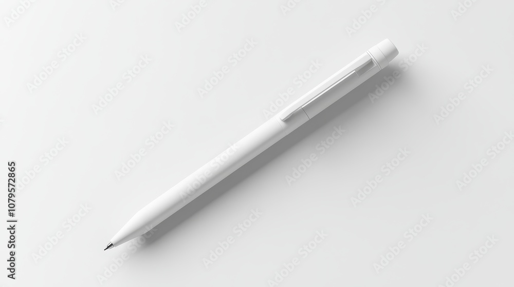 White Pen Mockup on White Background - Minimalist Stationery Design Element. White Pen Mockup on White Background - Minimalist Stationery Design Element.