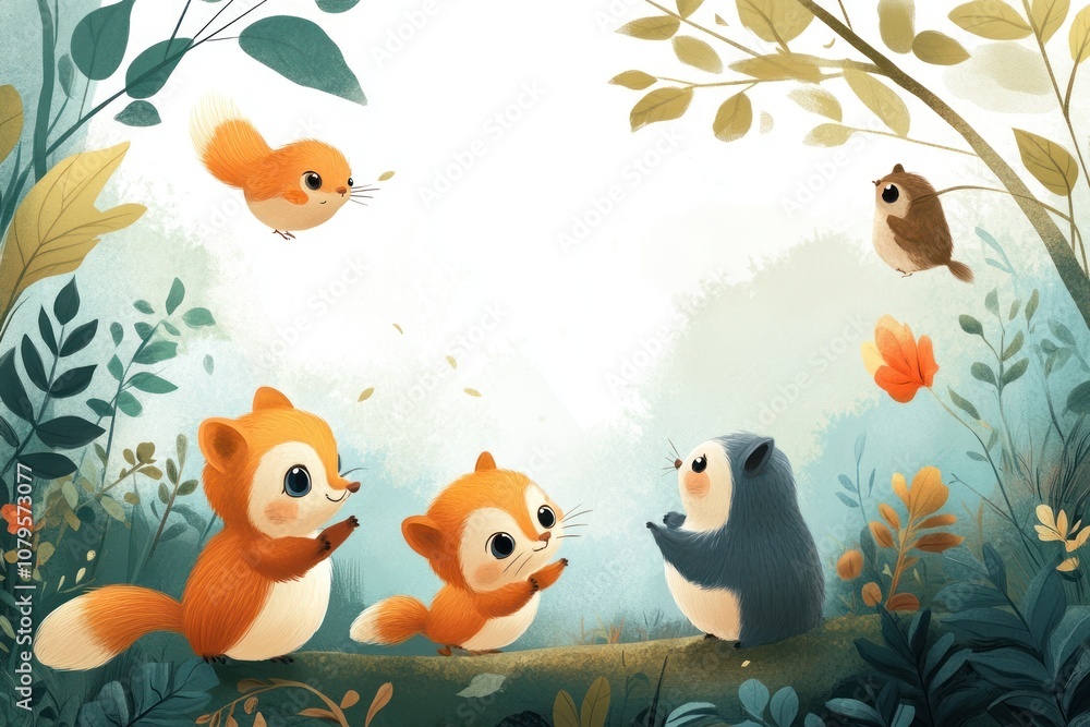 A whimsical scene of cute animals interacting in a colorful forest setting. A whimsical scene of cute animals interacting in a colorful forest setting.