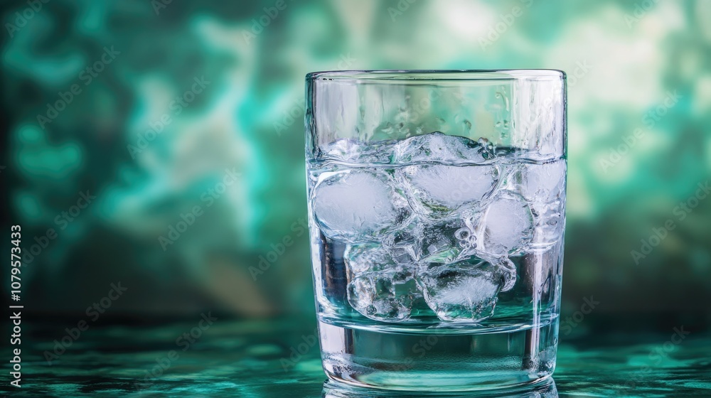 Glass of ice water on a vibrant green backdrop Glass of ice water on a vibrant green backdrop