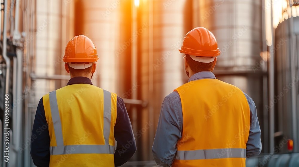 Two workers in safety gear observe industrial silos at sunset, highlighting teamwork and the importance of safety in the workplace. Two workers in safety gear observe industrial silos at sunset, highlighting teamwork and the importance of safety in the workplace.