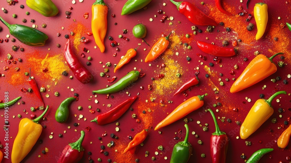 Colorful Chili Peppers with Spices on a Red Background - Food Photography Colorful Chili Peppers with Spices on a Red Background - Food Photography