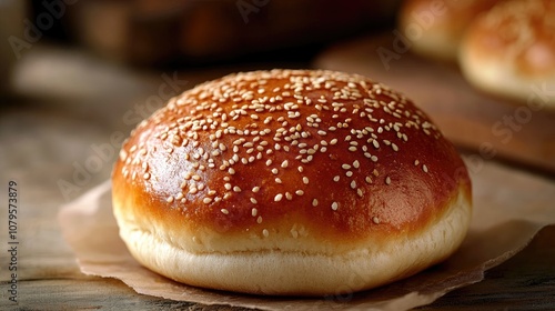 A warm golden sesame bun set against a soft backdrop baked to perfection for a delightful crunch photo