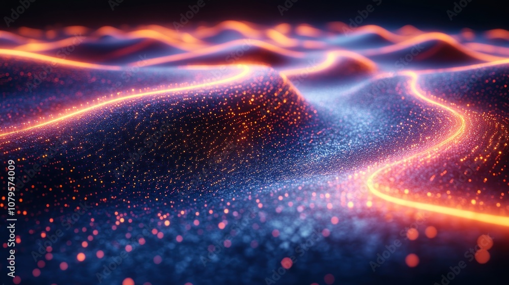 Abstract glowing landscape with flowing lines and shimmering particles. Abstract glowing landscape with flowing lines and shimmering particles.