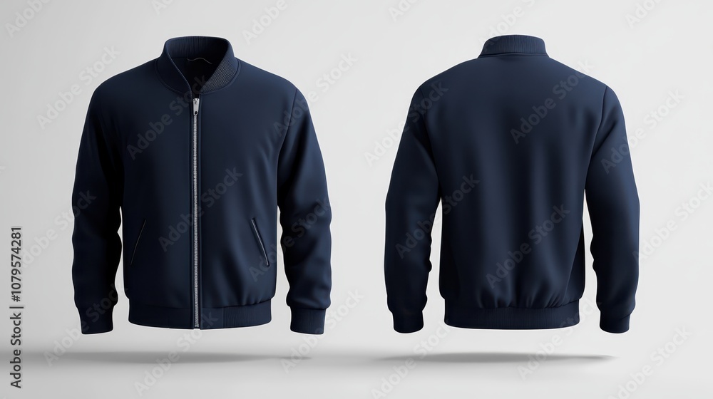 Blank Navy Blue Bomber Jacket Mockup - Front and Back View - Isolated on White Background. Blank Navy Blue Bomber Jacket Mockup - Front and Back View - Isolated on White Background.