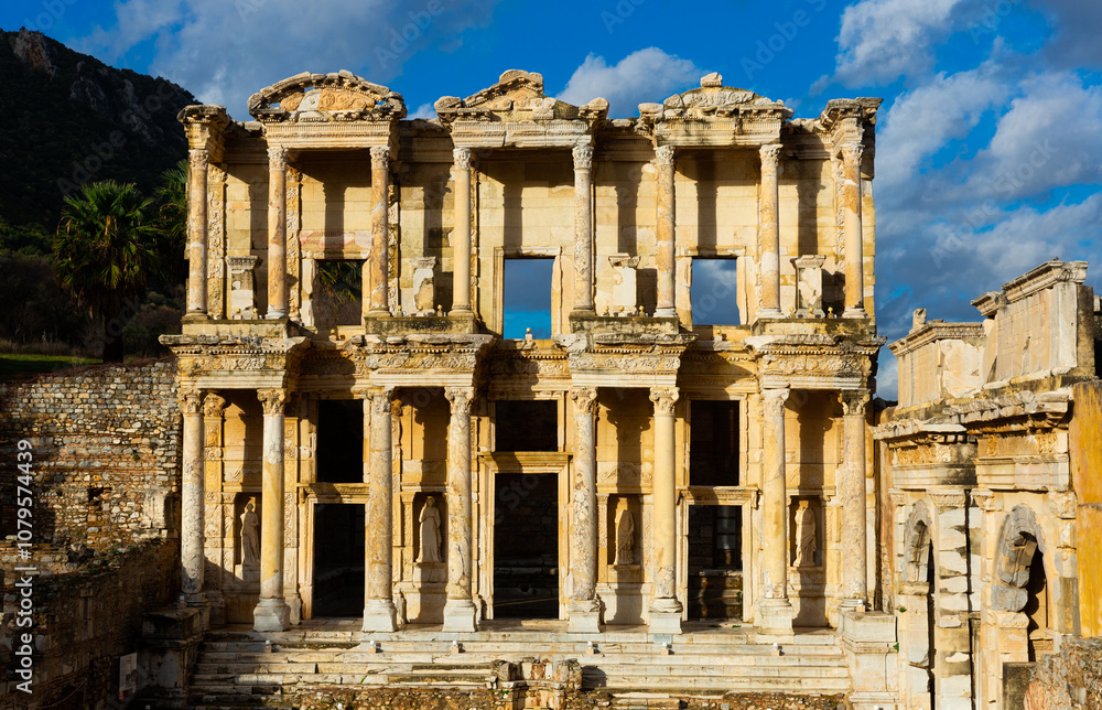 Fototapeta premium View of ruins of Roman building of Celsus Library in ancient city of Ephesus in Izmir Province, Turkey