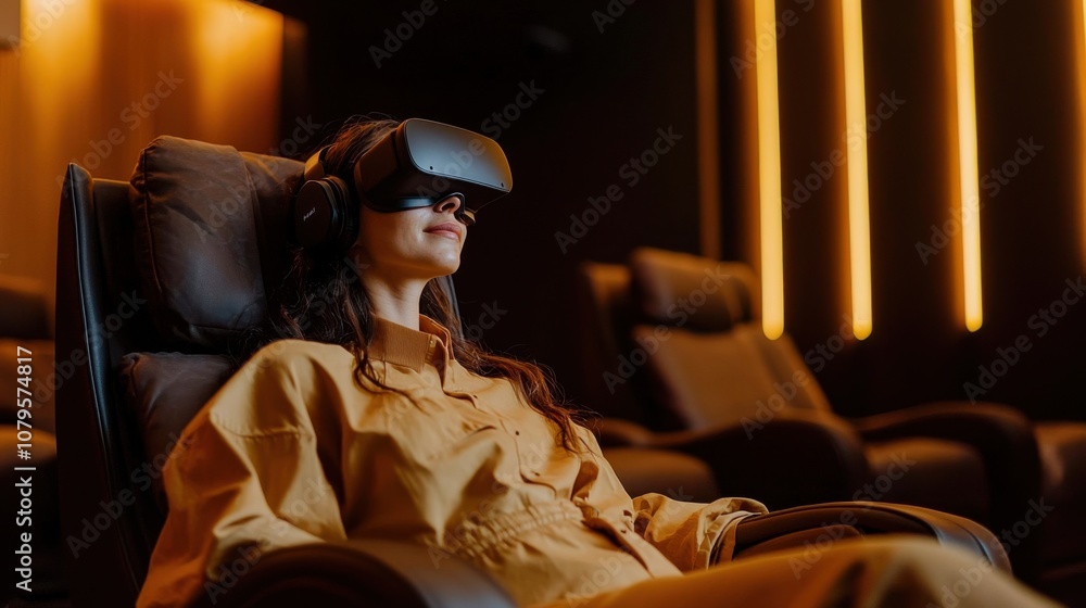 Woman Enjoying Virtual Reality Experience in Theater Woman Enjoying Virtual Reality Experience in Theater