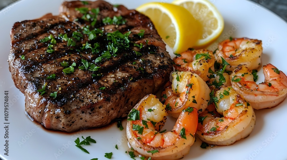 A beautifully prepared surf and turf dish features a juicy ribeye steak alongside sauteed shrimp, garnished with fresh herbs and served with lemon wedges for an appetizing dining experience. A beautifully prepared surf and turf dish features a juicy ribeye steak alongside sauteed shrimp, garnished with fresh herbs and served with lemon wedges for an appetizing dining experience.