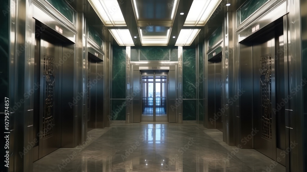 Elegant Hallway with Multiple Elevators Elegant Hallway with Multiple Elevators