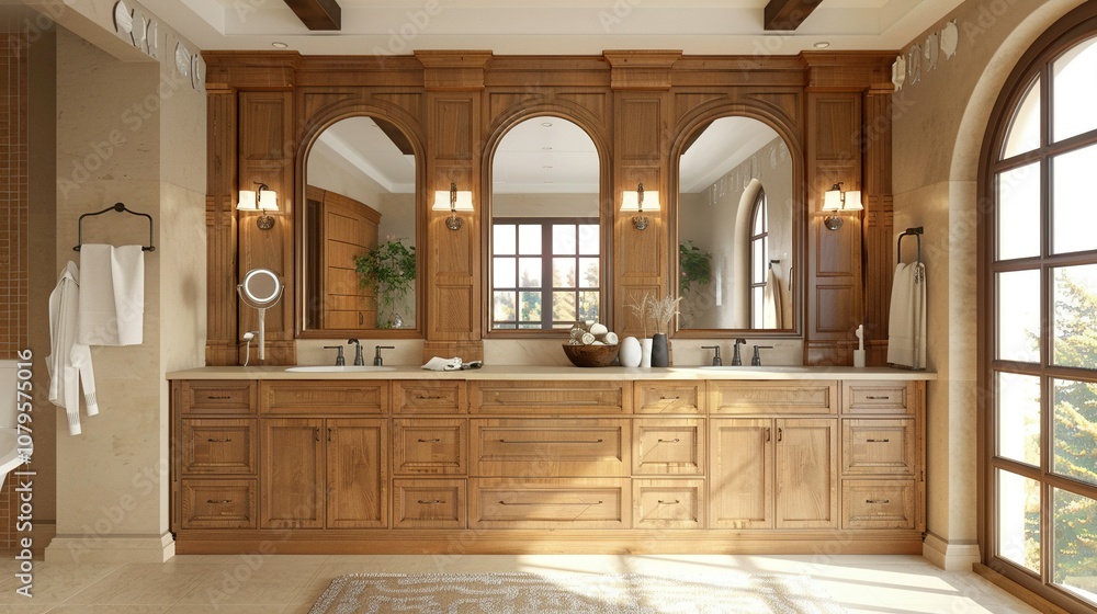 Modern Luxury: A 3D Rendering of a Bathroom with Light Colors, Dual Sinks, and Stylish Wooden Cabinets Modern Luxury: A 3D Rendering of a Bathroom with Light Colors, Dual Sinks, and Stylish Wooden Cabinets