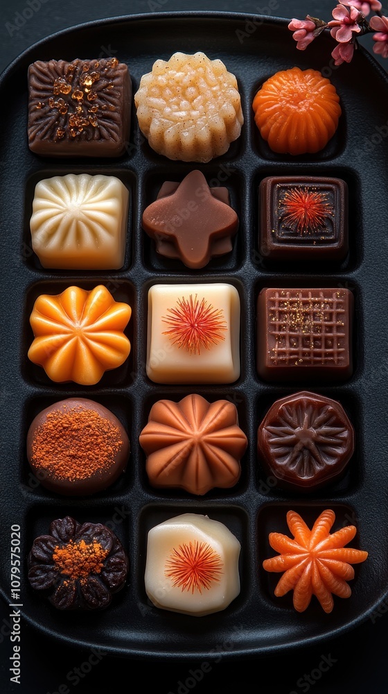 Artfully arranged traditional Japanese sweets on a decorative plate, showcasing vibrant colors and intricate designs, an exquisite culinary display. Artfully arranged traditional Japanese sweets on a decorative plate, showcasing vibrant colors and intricate designs, an exquisite culinary display.