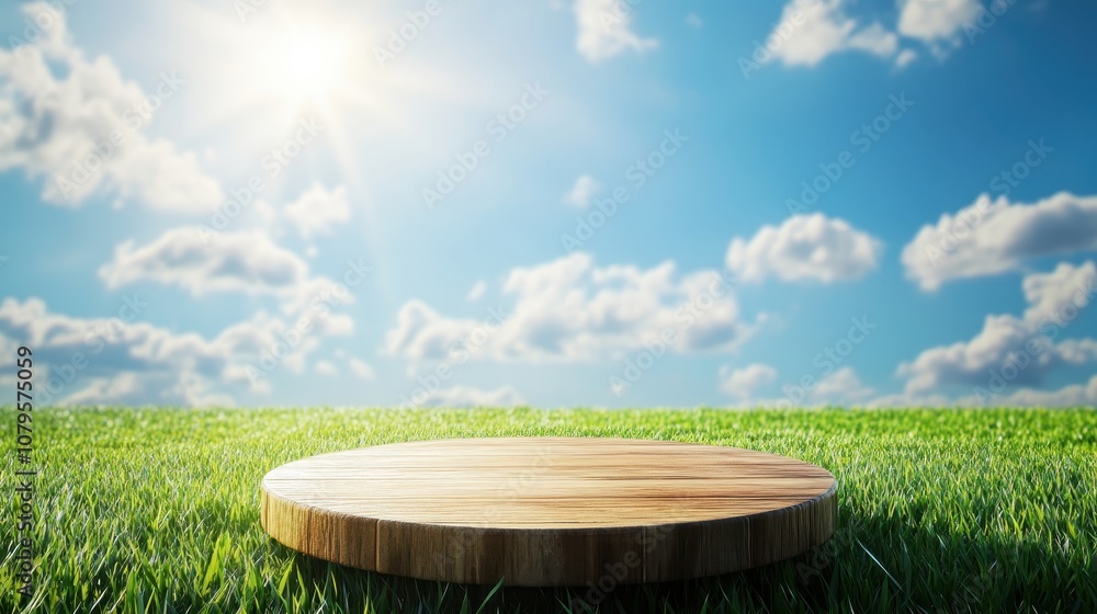Wooden Round Platform on Green Grass with Blue Sky and Sun Background - Mockup for Product Display. Wooden Round Platform on Green Grass with Blue Sky and Sun Background - Mockup for Product Display.