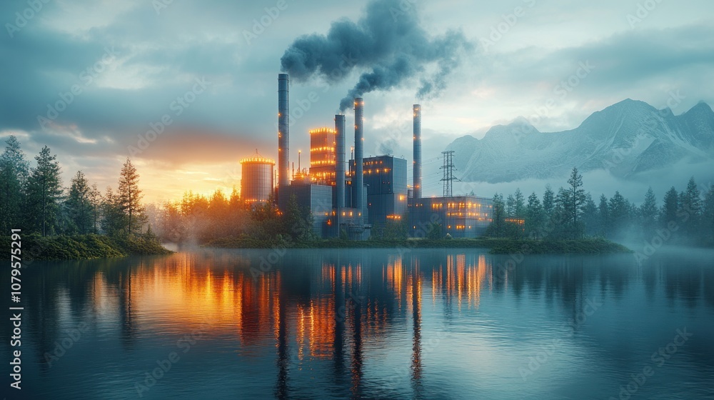 Industrial landscape with smokestacks reflecting in a serene lake. Industrial landscape with smokestacks reflecting in a serene lake.