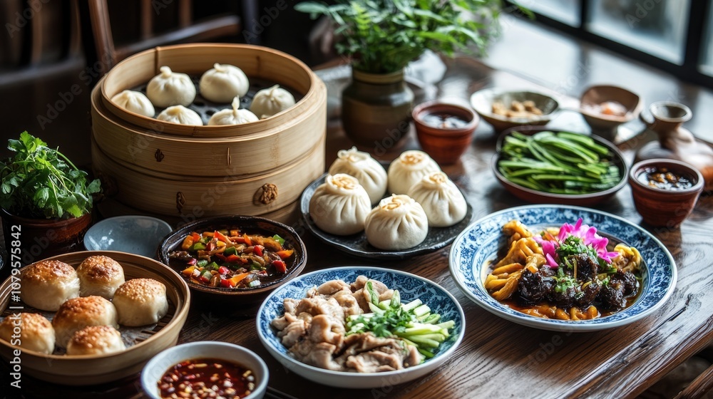 An elegantly set table showcasing an assortment of traditional dishes featuring steamed buns and fresh vegetables An elegantly set table showcasing an assortment of traditional dishes featuring steamed buns and fresh vegetables