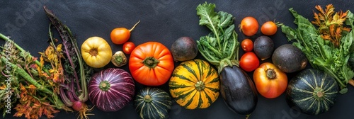A vibrant assortment of pumpkins and vegetables arranged artistically on a dark surface.
