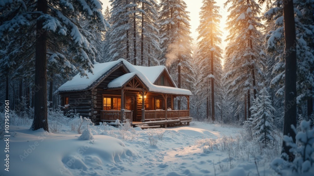 Cozy Wooden Cabin Amidst Tall Pine Trees in Serene Winter Setting at Sunset, Surrounded by Fresh Snow, Offering Tranquility, Comfort, and a Peaceful Rustic Retreat in Nature Cozy Wooden Cabin Amidst Tall Pine Trees in Serene Winter Setting at Sunset, Surrounded by Fresh Snow, Offering Tranquility, Comfort, and a Peaceful Rustic Retreat in Nature