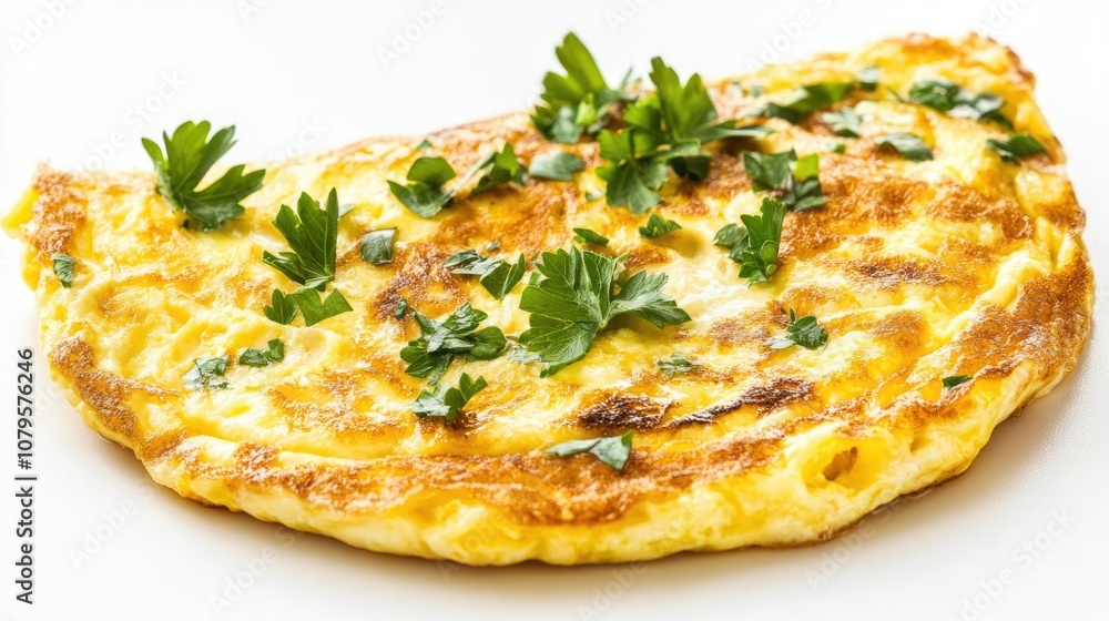 Omelette garnished with parsley set against a white backdrop Omelette garnished with parsley set against a white backdrop