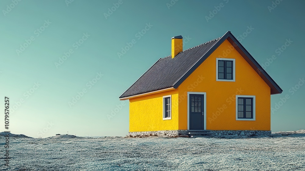 A vibrant yellow house stands alone in a serene landscape. A vibrant yellow house stands alone in a serene landscape.
