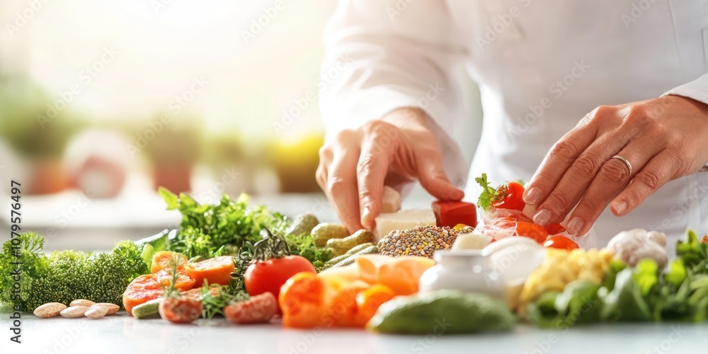 A chef preparing fresh ingredients for a meal, showcasing a variety of vegetables and herbs. A chef preparing fresh ingredients for a meal, showcasing a variety of vegetables and herbs.