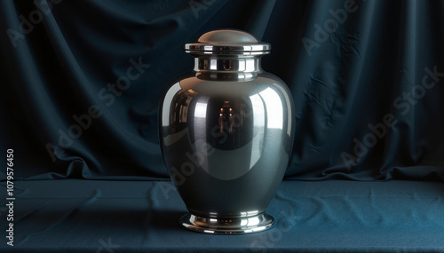 Shiny silver metal urn against dark fabric backdrop