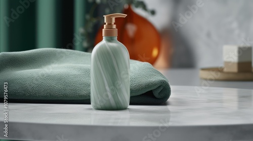 Green Soap Bottle on a White Marble Table